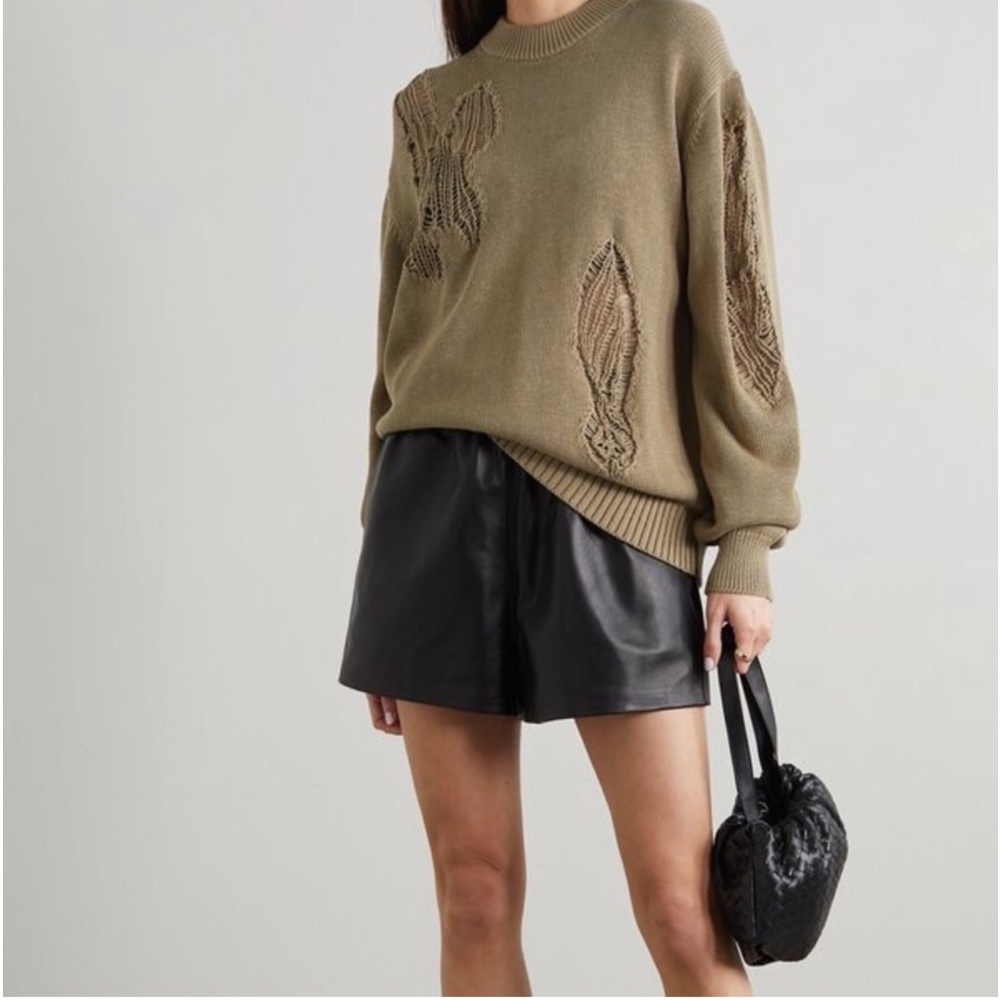 Tibi Applique Cotton Pullover Sweater Olive Army Green Relaxed Fit Crewneck